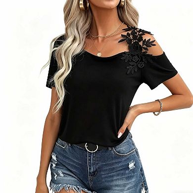 Women's Lace Floral Patchwork T-Shirt, Asymmetrical Neck Short Sleeve Casual Top