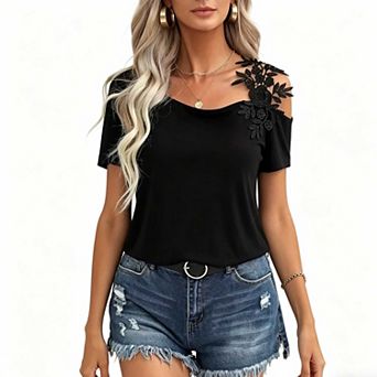 Women's Lace Floral Patchwork T-Shirt, Asymmetrical Neck Short Sleeve Casual Top