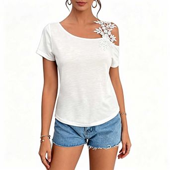 Women's Lace Floral Patchwork T-Shirt, Asymmetrical Neck Short Sleeve Casual Top
