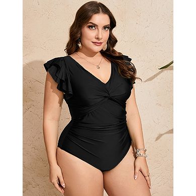 Women's Plus Size One Piece Swimsuit V Neck Twist Front Ruffle Trim Swimwear
