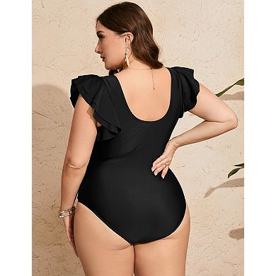 Women's Plus Size One Piece Swimsuit V Neck Twist Front Ruffle Trim Swimwear
