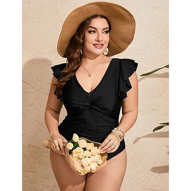 Women's Plus Size One Piece Swimsuit V Neck Twist Front Ruffle Trim Swimwear