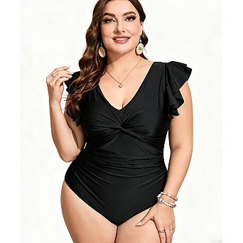 Women's Plus Size One Piece Swimsuit V Neck Twist Front Ruffle Trim Swimwear