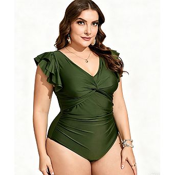 Women's Plus Size One Piece Swimsuit V Neck Twist Front Ruffle Trim Swimwear