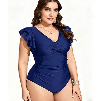 Women's Plus Size One Piece Swimsuit V Neck Twist Front Ruffle Trim Swimwear