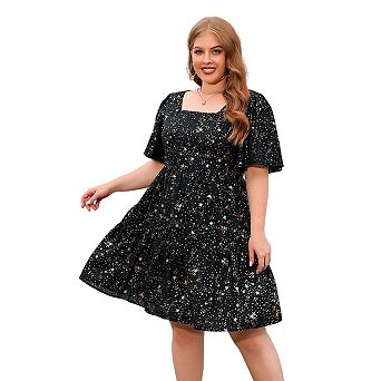 Womens Plus Size Foil Printed Square Neck Ruffled Short Sleeve Summer Smocked Loose Tiered Dress