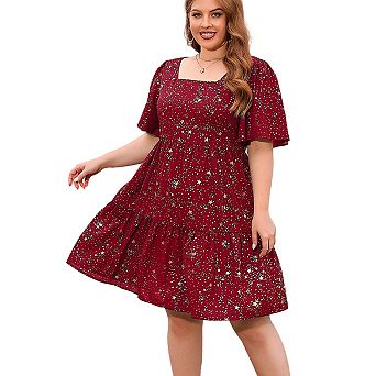Womens Plus Size Foil Printed Square Neck Ruffled Short Sleeve Summer Smocked Loose Tiered Dress