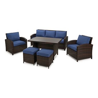 6 pc Outdoor Patio Conversation Set with Cushions with Sofa, Chairs, Ottomans & Coffee Table