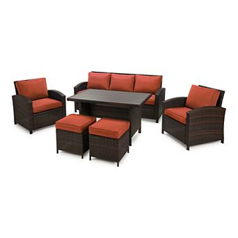 6 pc Outdoor Patio Conversation Set with Cushions with Sofa, Chairs, Ottomans & Coffee Table