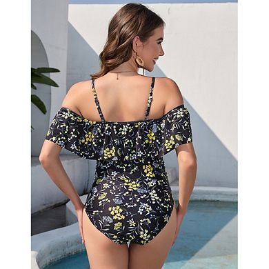 Maternity One Piece Swimsuit Off Shoulder Ruffle Flounce Swimwear Adjustable Spaghetti Straps Suit
