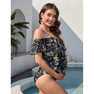 Maternity One Piece Swimsuit Off Shoulder Ruffle Flounce Swimwear Adjustable Spaghetti Straps Suit