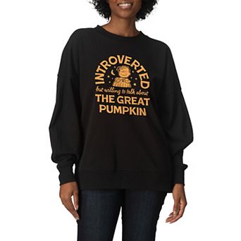 Women's Peanuts Introverted The Great Pumpkin Quote Oversized Fleece Crew Sweatshirt
