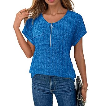 Women Short Sleeve Pullover T-Shirt Dressy Casual Loose Fit Zip up Work Tops Summer Tunic Blouse