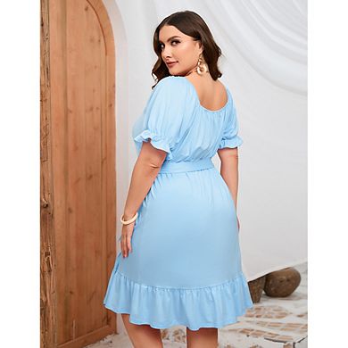 Plus Size Women's Square Neck Off Shoulder Puff Sleeve Belted Ruffle Hem Casual Midi Dress