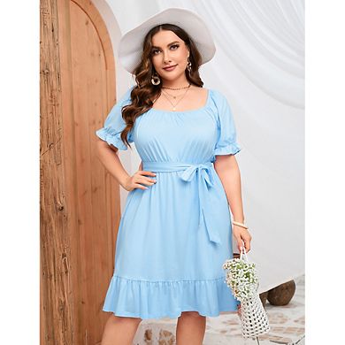 Plus Size Women's Square Neck Off Shoulder Puff Sleeve Belted Ruffle Hem Casual Midi Dress