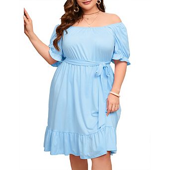 Plus Size Women's Square Neck Off Shoulder Puff Sleeve Belted Ruffle Hem Casual Midi Dress