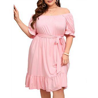 Plus Size Women's Square Neck Off Shoulder Puff Sleeve Belted Ruffle Hem Casual Midi Dress