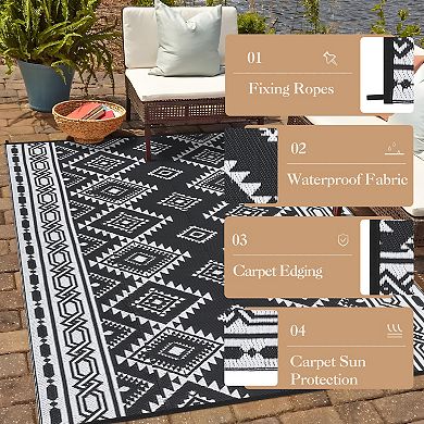 Reversible Waterproof Outdoor Rug, UV Resistant Boho Argyle Plastic Mat for RV Camping Patio Deck