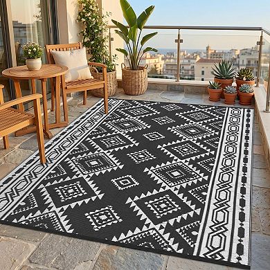 Reversible Waterproof Outdoor Rug, UV Resistant Boho Argyle Plastic Mat for RV Camping Patio Deck