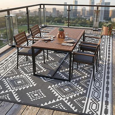 Reversible Waterproof Outdoor Rug, UV Resistant Boho Argyle Plastic Mat for RV Camping Patio Deck