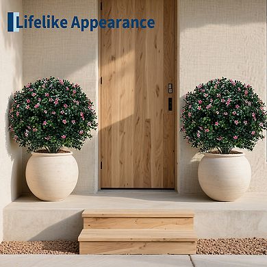 2ft Artificial Boxwood Topiary Balls with Ground Stakes, UV Resistant PE Faux Bushes with Flowers