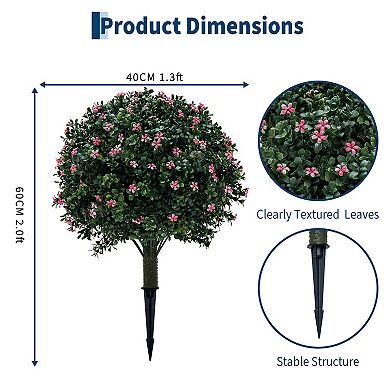 2ft Artificial Boxwood Topiary Balls with Ground Stakes, UV Resistant PE Faux Bushes with Flowers