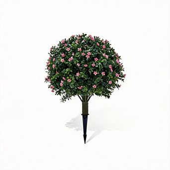 2ft Artificial Boxwood Topiary Balls with Ground Stakes, UV Resistant PE Faux Bushes with Flowers