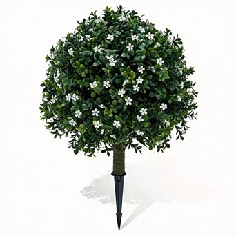 2ft Artificial Boxwood Topiary Balls with Ground Stakes, UV Resistant PE Faux Bushes with Flowers