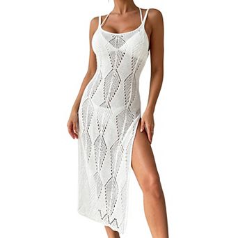 Women's Crochet Knit Beach Cover Up Spaghetti Strap Hollow Out Side Slit Maxi Dress