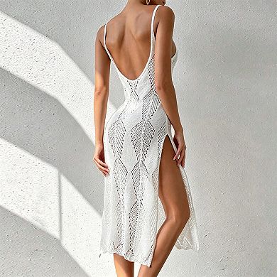 Women's Crochet Knit Beach Cover Up Spaghetti Strap Hollow Out Side Slit Maxi Dress