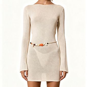Women's Long Sleeve Knit Mini Dress Boat Neck Semi--Up Dress