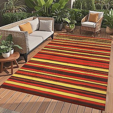 Waterproof Patio Rugs Colorful Line Reversible Mat for Front Door Rv Foldable Plastic Straw Carpet
