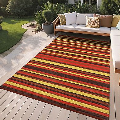 Waterproof Patio Rugs Colorful Line Reversible Mat for Front Door Rv Foldable Plastic Straw Carpet