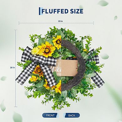 Sunflowers Wreath 20" for Front Door, Spring Summer Yellow Blooms Bow Welcome Sign