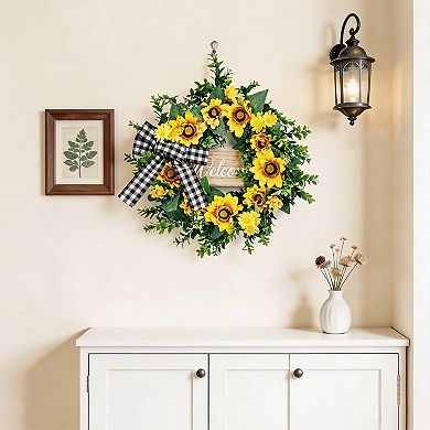 Sunflowers Wreath 20" for Front Door, Spring Summer Yellow Blooms Bow Welcome Sign