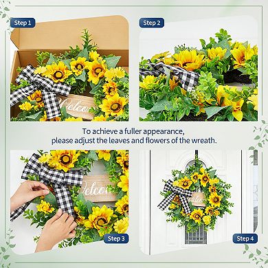 Sunflowers Wreath 20" for Front Door, Spring Summer Yellow Blooms Bow Welcome Sign