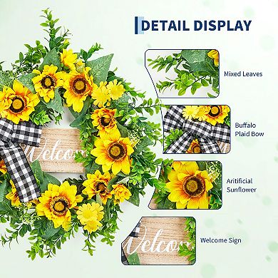 Sunflowers Wreath 20" for Front Door, Spring Summer Yellow Blooms Bow Welcome Sign