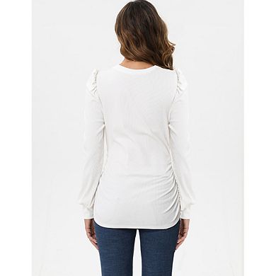 Maternity Puff Long Sleeve Top, Casual Crew Neck Ruched Side Slim Fit Tunic Shirt Blouse