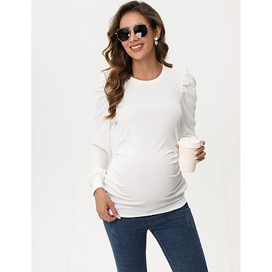 Maternity Puff Long Sleeve Top, Casual Crew Neck Ruched Side Slim Fit Tunic Shirt Blouse