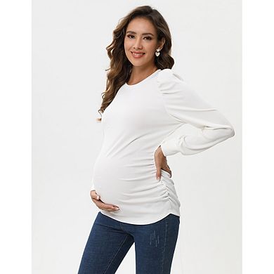 Maternity Puff Long Sleeve Top, Casual Crew Neck Ruched Side Slim Fit Tunic Shirt Blouse