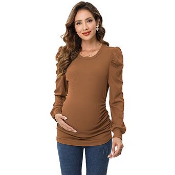 Maternity Puff Long Sleeve Top, Casual Crew Neck Ruched Side Slim Fit Tunic Shirt Blouse