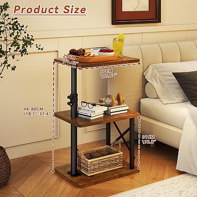 360° Swivel Height-Adjustable C-Shaped Side Table 3-Tier Storage Space-Saving for Sofa Bed Living