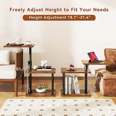 360° Swivel Height-Adjustable C-Shaped Side Table 3-Tier Storage Space-Saving for Sofa Bed Living