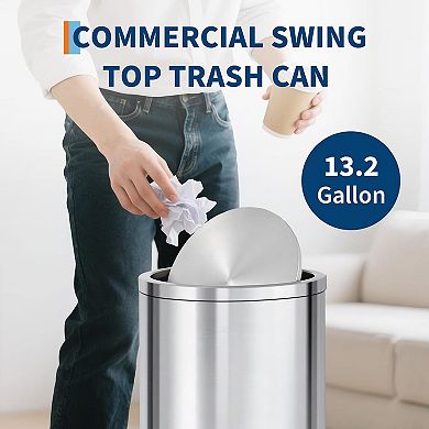 Stainless Steel Trash Can with Swing Lid, Removable Inner Bucket