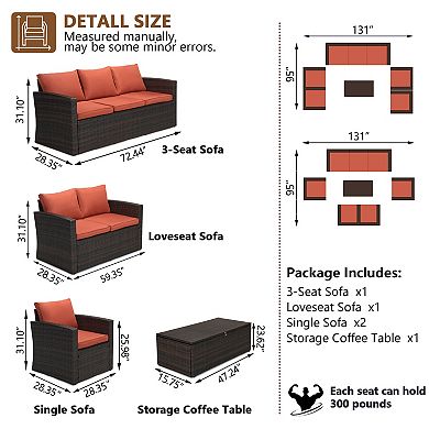 5-Piece Outdoor Patio Conversation Set with Storage Table, Wicker Sofa, Loveseat & Chairs Seats 7