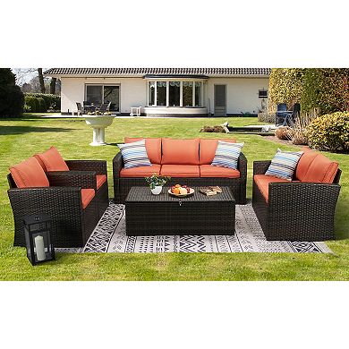 5-Piece Outdoor Patio Conversation Set with Storage Table, Wicker Sofa, Loveseat & Chairs Seats 7