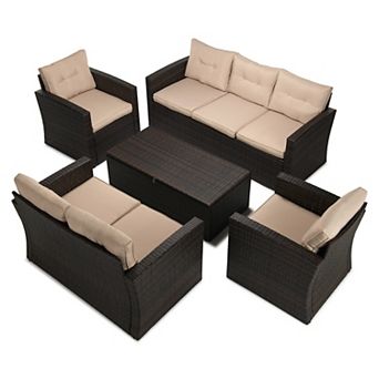 5 pc Outdoor Patio Conversation Set with Storage Table, Wicker Sofa, Loveseat & Chairs Seats 7