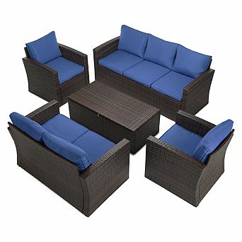 5 pc Outdoor Patio Conversation Set with Storage Table, Wicker Sofa, Loveseat & Chairs Seats 7