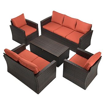 5 pc Outdoor Patio Conversation Set with Storage Table, Wicker Sofa, Loveseat & Chairs Seats 7