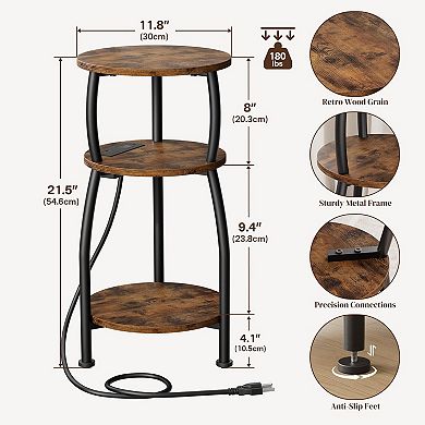 3-Tier Round Side Table Industrial Storage Slim for Small Spaces Sofa Gaps Living Room Bedroom